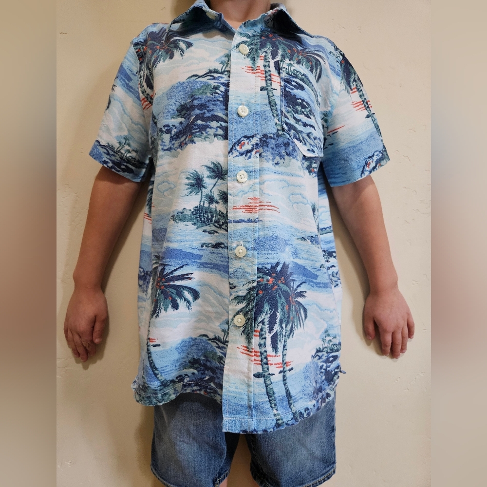 Gap Button Down Short Sleeve Blue Hawaiian Shirt Size S 6-7